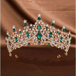 Wicked Silk Prom, Quinceanera Jeweled Crown Tiara Headband - Golden Green